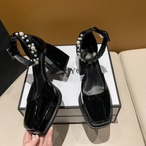 레이스 Bowknot 진주 스트랩 플랫폼 펌프 여성 두꺼운 발 뒤꿈치 메리 진 신발 스퀘어 발가락 굽