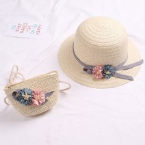 여름 여성 라탄 모자 라피아햇 챙넓은 서핑 벙거지 귀여운 꽃 키즈 밀짚 모자 + 밀짚 크로스 바디 백 세트 아기 야외 태양 모자 해변 밀짚 모자 밀짚 등나무 가방
