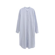 린온트리 스트라이프 롱 남방 셔츠형 단정한 원피스 파란색 세로 줄무늬 스탠드 칼라 셔츠