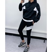 남자 데일리 오버핏 커플 배색 후드 조거 트레이닝 2컬러
