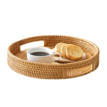 이소품 라탄 원형 손잡이 라탄 트레이, 내추럴