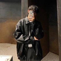 HXT 남성 PU 레더 자켓 카라 집업 블루종 점퍼 무지 오버핏 오토바이 춘추
