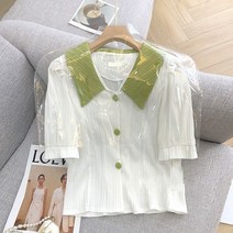 대조적 인 인형 칼라 스티칭 짧은 릴레 셔츠 여성 여름 새로운 프랑스 패션 외국 스타일 슬리밍 시대 탑