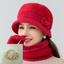 비바브 중년 여성 엄마 할머니 리본퍼 털모자 + 브로치세트 6color