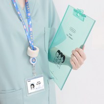 릴형 캐릭터 사원증 목걸이줄 카드수납 릴홀더 명찰, 딸기공룡