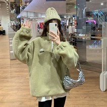 여성용 후리스 플리스 뽀글이 양털 자켓 벨벳 두꺼운 후드 가을 겨울 어 패션 느슨한 양고기 모조 봉제 지퍼 운동복 여성 얼짱 풀오버