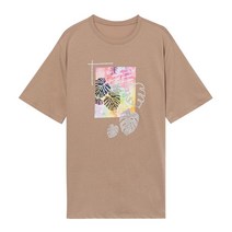 베스띠벨리 라운드넥 면 100% 프린팅 옆 슬릿 베이지색 티셔츠 반팔 여성 기본 반팔 면티셔츠