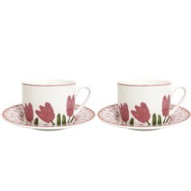 Man Ru Jiu 세라믹 커피잔 + 소서 플레이트 2개입 세트, 2개, Pink Tulip