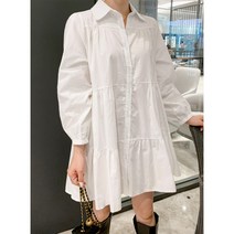 [3컬러] 쇼밍제이 여성 가을 간절기 셔츠 카라 셔링 캉캉 미니 베이지 화이트 블랙 원피스