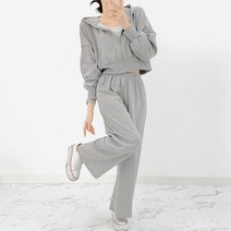 티데일리 여성용 보솜 크롭 후드 집업 와이드 팬츠 트레이닝 세트