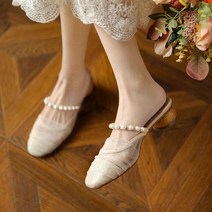 Pearl Baotou 하프 슬리퍼 여름 통기성 샌들 두꺼운 힐 미들 힐 French Muller Shoes Women