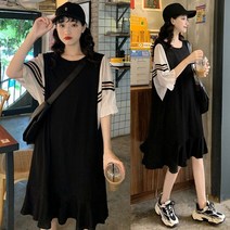 POMTOR 빅사이즈 임부복 패션 여름 반팔 원피스 미디 박시핏 티셔츠 스커트 상의녀