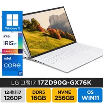 LG전자 2022년형 그램 17인치 17ZD90Q-GX76K 인텔 i7-1260P 윈도우11, WIN11 Home, 16GB, 256GB, 코어i7, 화이트