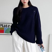 뜨개진 여성용 루즈핏 숄더 버튼 나그랑 에디스 라운드 니트