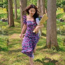 여성용 여름 빈티지 짧은 퍼프 소매 보라색 플로랄 사이드 슬릿 코란 스타일 패션 스퀘어 칼라 슬림 미드 카프 드레스, XXL