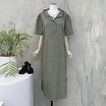 [행복여] 포켓 셔링 퍼프 반집업 루즈핏 바스락 후드 원피스