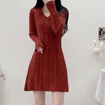 [3color] 브이넥 꽈배기 여리 소매 니트 긴팔 미니 원피스 데이트 하객