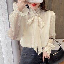 나팔소매블라우스 블라우스리본옷 여자가을패션 프렌치 궁정풍 페블럼라인 스탠딩카라 긴소매 상의 2715009945