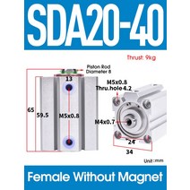 공압 에어 실린더 SDA 타입 보어 20mm 스트로크 복동 SDA20 컴팩트 피스톤 실린더 암, 08 SDA20X40