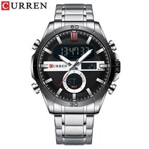 스마트워치끝팥왕 CURREN 골든 쿼츠 시계 LED 디지털 Luminou 손목 듀얼 디스플레이 남성 StainlessSteel Relogio Masculino 8384, [03] Silver Black