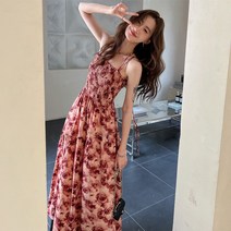 끈나시 롱원피스 바캉스 휴양지 슬림 라인 썸머 디자인 로즈 해변가 원피스