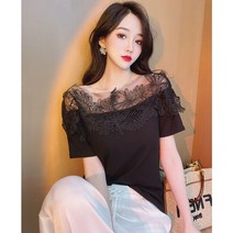 SJW 여성 여름 블라우스 배색 자수레이스 오프숄더 반팔 슬림핏 셔츠 남방 상의 빅사이즈