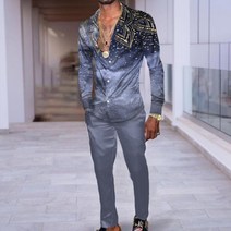 빅사이즈 5XL 남성 화려한 투피스 세트 루즈핏 특이한 긴팔 셔츠 긴바지 헬창 머슬핏