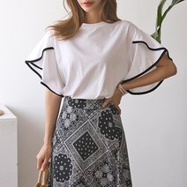 여자 여름 배색 프릴 날개 소매 우아한 티셔츠