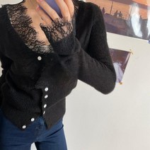 여성 레이스 카라 니트 가디건 심플 간절기 브이넥 레이어드 러블리 데이트룩 슬림핏