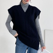 뜨개진 여성용 루즈핏 꽈배기 브이 니트 롱 베스트 미스티컬 조끼