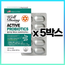 미국산 프리미엄 100억 유산균 60캡슐 하드캡슐포장 프로바이오틱스 배변활동원활 유산균 증식 및 유해균 억제 장건강에 도움 락토바실러스 가세리 외 16종 혼합유산균 건강기능식품, 5박스