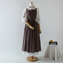 S2하우스 원피스형 앞치마 어린이집 프릴 롱 린넨 바리스타 장금이, 브라운, 1개