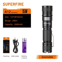 led 초강력 사냥용 써치라이트 후레쉬 SuperFire A12 줌 손전등 방수 15W 200m 장거리 충전식 캠핑 낚시 야외 서치 라이트, A12-2000mAh