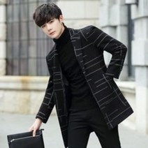 이큐몰 모직 코트 가을 겨울 하프 기장 남성 자켓 심플리 룩 트렌치 정장 스타일 체크 무늬