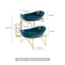 과일 쟁반 3층 다층 아이디어 유럽식 가정용 접시 디저트, 철제 선반 검녹색 이층접시【세라믹】