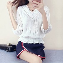 펀칭 레이스 스칼럽 프릴 퍼프 벌룬 브이넥 셔링 여성 블라우스 티셔츠 봄 가을 여성 여자