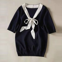 리틀깽스 다이뻐 출근룩 오피스룩 심플 프렌치스타일 블랙 화이트 배색 리본 여름 시원한 쿨 반팔 니트 반팔티