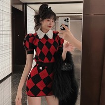 카라셔츠 여성 카라티 버튼 체크 무늬 니트 투피스 세트 반팔 크롭 탑 스위트 윈드 카디건 미니 스커트 봄 여름 정장 의상