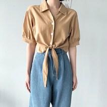 원타임 여성용 리본매듭 퍼프소매 불라우스