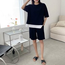 [브리스살롱] 여름 캐쥬얼코디 레이어드 반팔티와 밴딩반바지세트