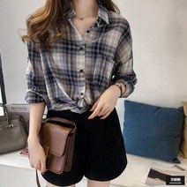 가바바 여성 블라우스 스타일리쉬 체크 긴팔 린넨 블라우스 G49214