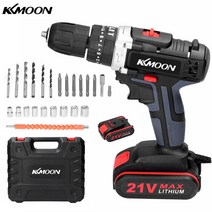 KKMOON 21V 무선 전동드릴 충전식 햄머드릴 임팩트드릴 세트, 블랙/배터리2개
