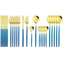 JASHII 플랫웨어 서빙 세트 24피스 스테인리스 스틸 실버웨어 세트 민트 그린 실버 커틀러리 세트 파티 크리스마스 저녁 식사를 위한 현대적이고 우아한 식기 세트 (민트, Blue Gold