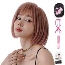 가발위드 스트레이트 단발 보보 통가발 러브핑크+가발걸이1개+가발전용빗1개+가발망1개 세트상품, 러브핑크, 1세트