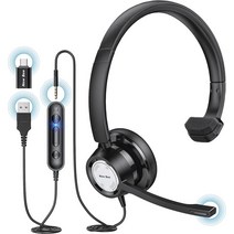 월드몰/ New bee PC 컴퓨터 헤드셋용 마이크가 있는 USB 싱글 이어 노이즈 캔슬링 스카이프 줌 태블릿 노트북용 3.5mm//타입 C 포함 콜 센터 유선 (블랙), 블랙.