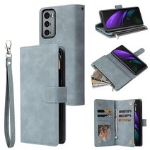 LBYZCASE 갤럭시 Z 폴드 2 5G(2020)용 휴대폰 케이스 갤럭시 Z 폴드 2 지갑 케이스 럭셔리 폴리오 플립 가죽 커버[지퍼 포켓][손목 스트랩][킥스탠드] 삼성 갤, Sky Blue