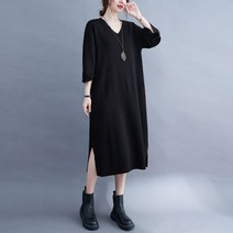 HONGKANG 여성 니트 원피스 롱스커트 스웨터 브이넥 트임
