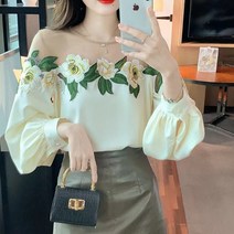 FUGU PaoPao 꽃 자수 셔츠 장미 자수 셔츠 오프숄더 톱 여자 루즈핏 상의 Q-135