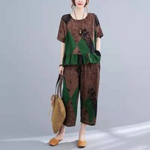 HUAQILIN 여성 트레이닝 세트 여자 빅 사이즈 반팔 티 상의 캐주얼 7부 배기 팬츠 프린트 세트 S-4XL