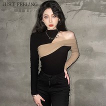 just feel!ng 여성 스타일리쉬 배색 슬림 긴 소매 가을 불규칙 언발 오프숄더 상의 스트리트룩 주니어 이너티 긴팔티 티셔츠